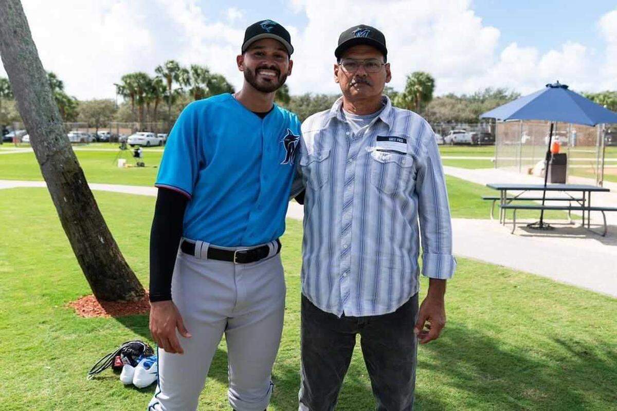 Miami Marlins pitcher Pablo Lopez with his dad, Danny Lopez