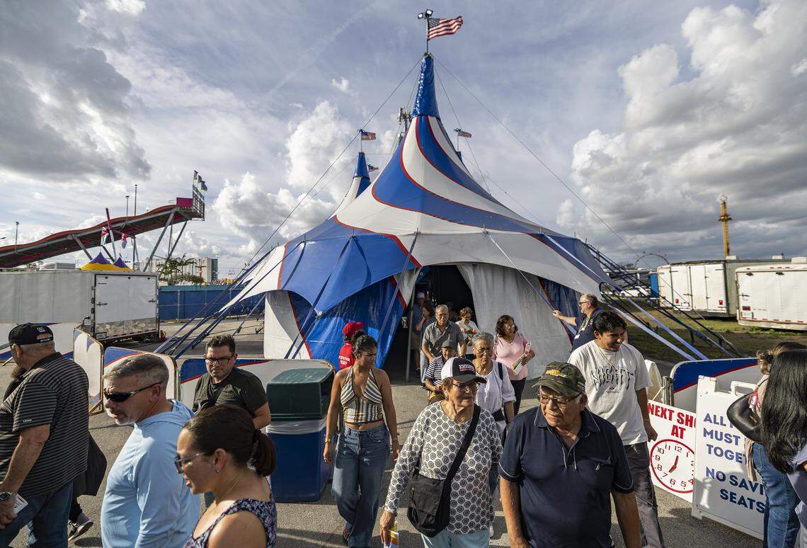 Guest leave the circus tent after watching a performance during the opening day of the 74th annual Miami-Dade County Youth Fair on Thursday, March 12, 2026, in Miami, Fla.
