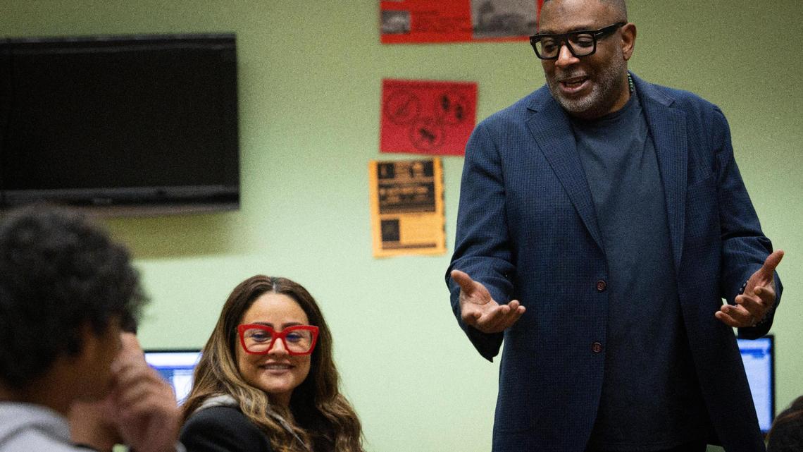 Ruban Roberts leads a Teen Talk discussion on Thursday, Feb. 29, 2024, at Lindsey Hopkins Technical College in Miami. Roberts started the Teen Talk program to address the well-being of teens and give them the skills and information to establish a positive lifestyle.