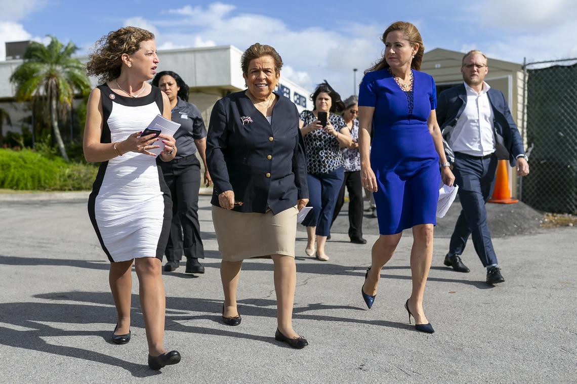 From left to right: Rep. Debbie Wasserman Schultz (D-FL), Rep. Donna Shalala (D-FL) and Rep. Debbie Mucarsel-Powell (D-FL) walk toward the media after being denied entrance to the Homestead Temporary Shelter for Unaccompanied Migrant Children by the Trump administration in Homestead, Florida on Monday, April 8, 2019.
