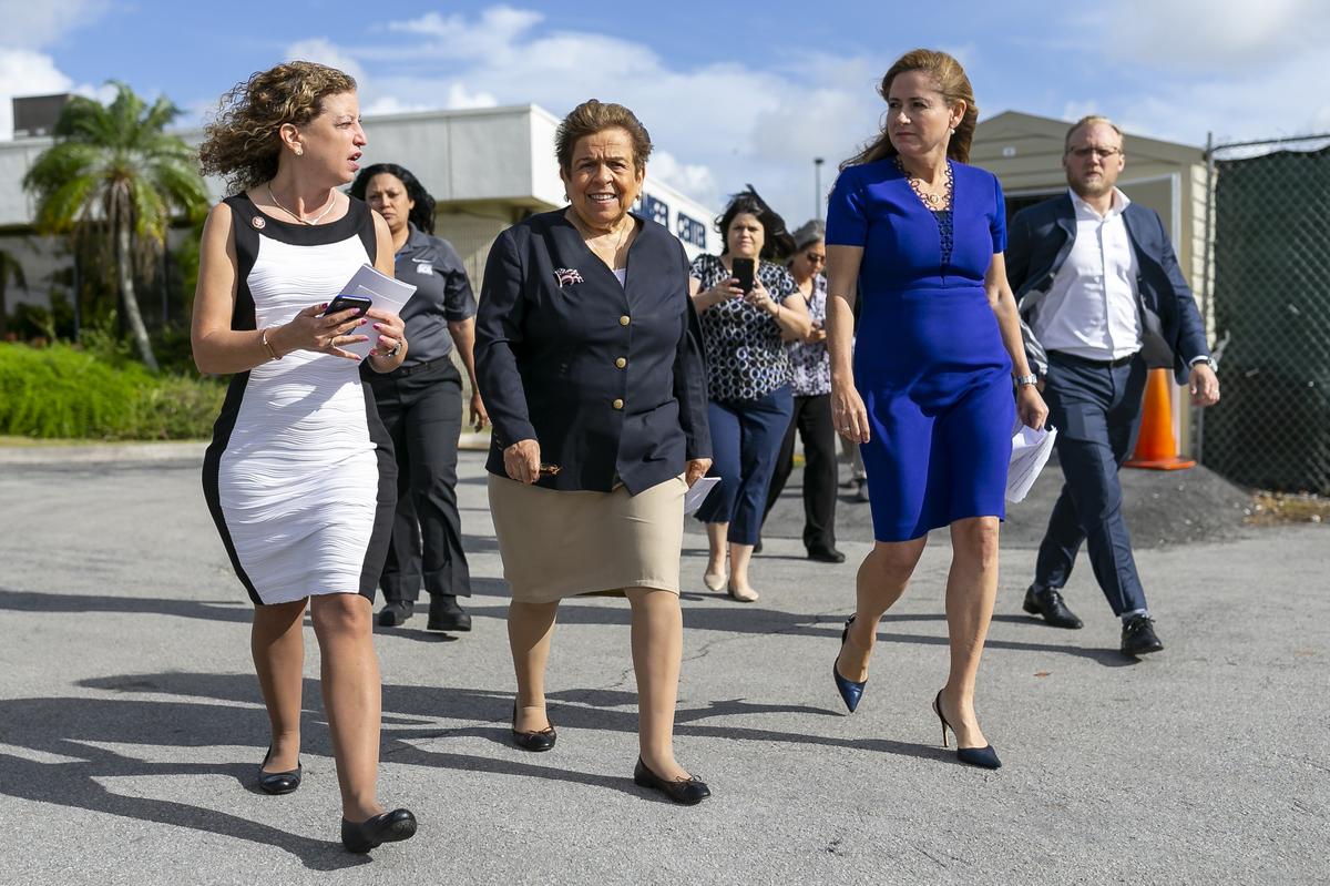 From left: Reps. Debbie Wasserman Schultz, Donna Shalala and Debbie Mucarsel-Powell, all Florida Democrats, prepare to address reporters after being denied entrance to the Homestead Temporary Shelter for Unaccompanied Migrant Children on April 8, 2019.