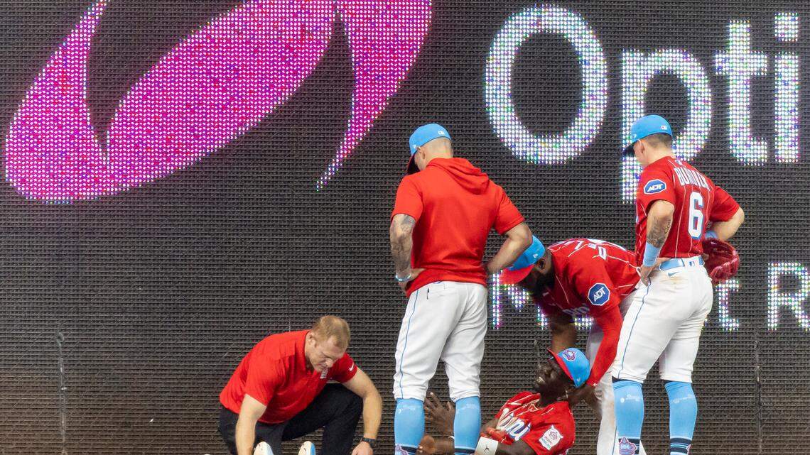 Miami Marlins center fielder Jazz Chisholm Jr. (2) reacts after hurting himself after a play against the Cincinnati Reds in the eighth inning of an MLB game at loanDepot park on Saturday, May 13, 2023, in Miami, Fla.