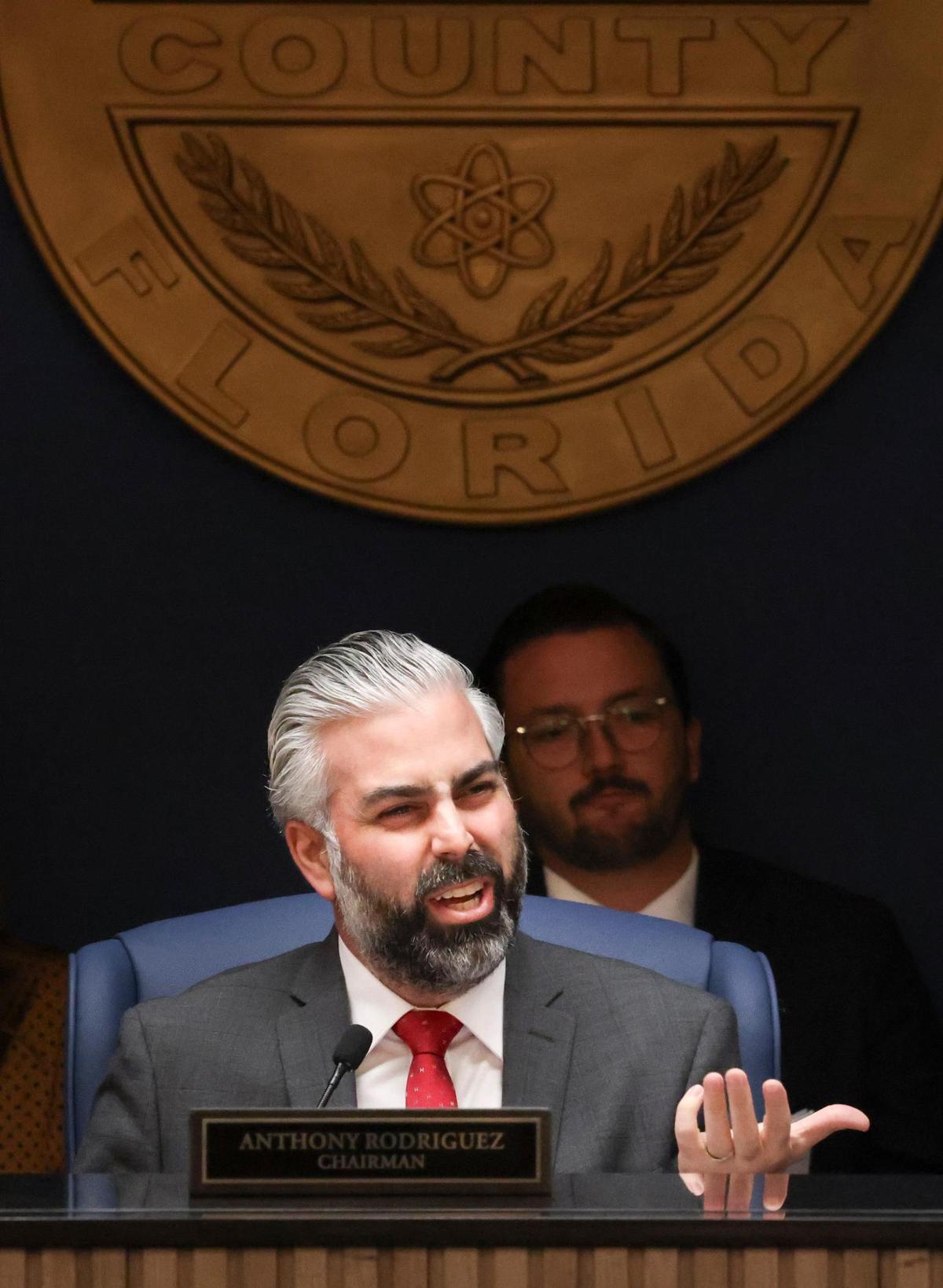 Chairman Anthony Rodriguez speaks during a County Commission meeting discussing increased trash on Tuesday, Jan. 28, 2025, at the Stephen P. Clark Government Center in downtown Miami. Options discussed include rebuilding the incinerator or building a new county landfill somewhere outside Miami-Dade, and some commissioners brought up wanting a waste-to-energy option.