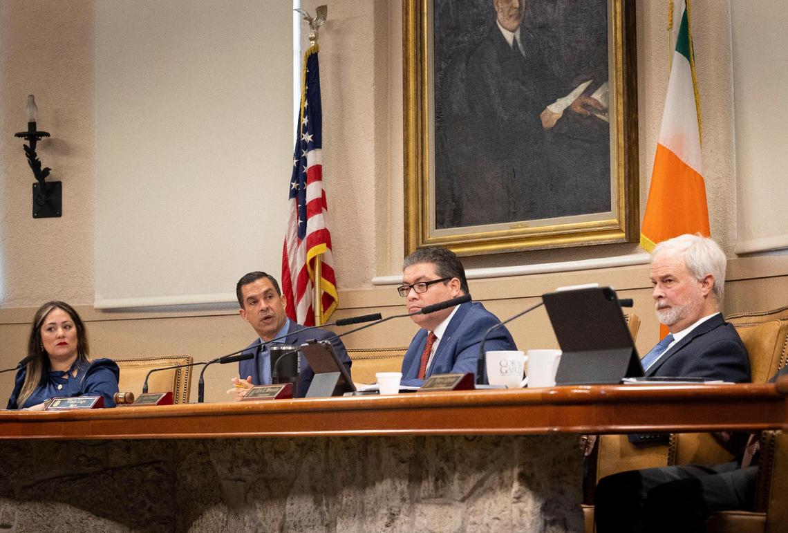 From left to right, Coral Gables Commissioner Melissa Castro, Mayor Vince Lago, Commissioner Ariel Fernandez and Commissioner Kirk Menendez speak during a Coral Gables City Commission meeting on Tuesday, Nov. 14, 2023, at City Hall.