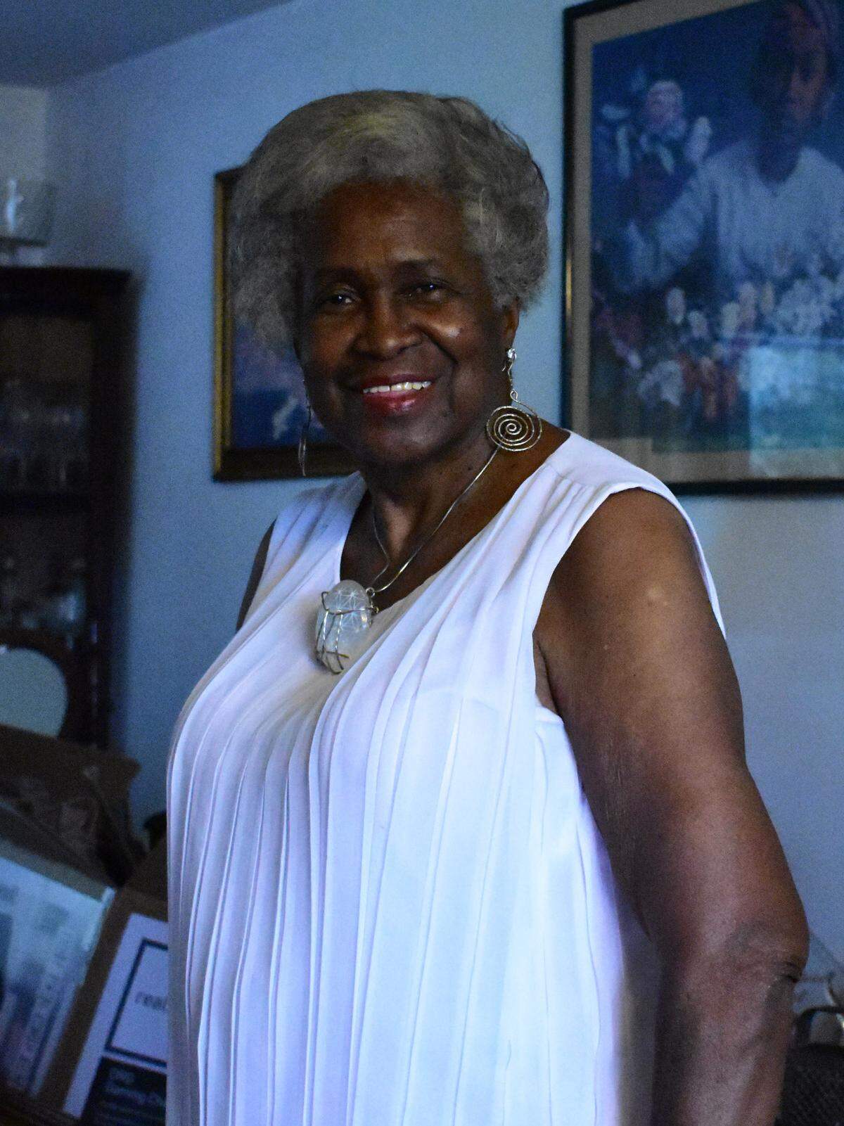 The founder and president of the Real Rosewood Foundation, Inc., Lizzie Robinson Jenkins, 84, stands in her Archer, Florida home on Thursday, Dec. 22, 2022. She has spent most of her life working to preserve and share the history of Rosewood, Florida. (Fresh Take Florida/Lauren Whiddon)