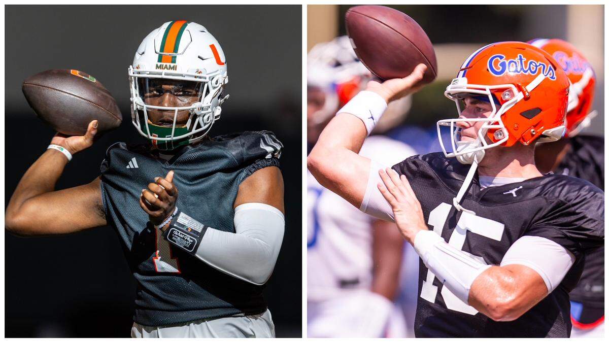 Miami Hurricanes quarterback Cam Ward (left) and Florida Gators quarterback Graham Mertz (right)