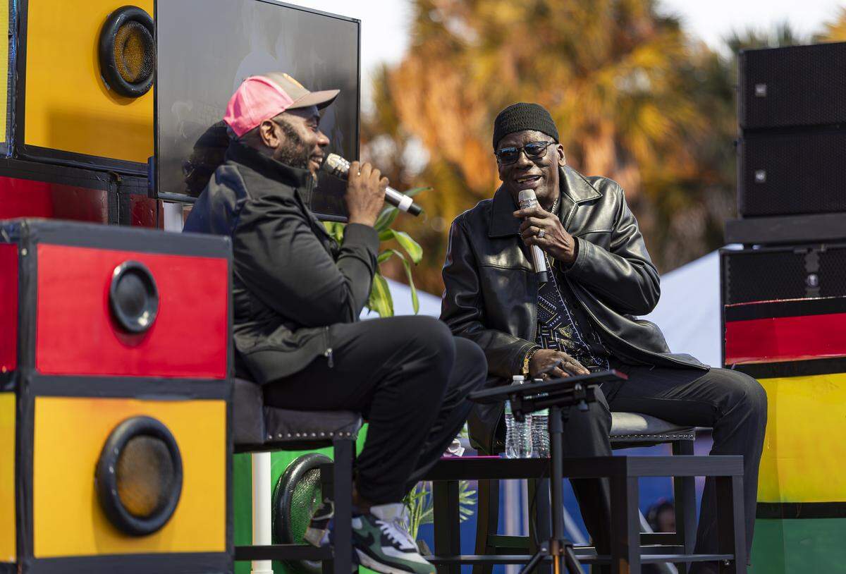 Leroy Sibbles, right, participates in a fireside chat during the Reggae Genealogy music festival.