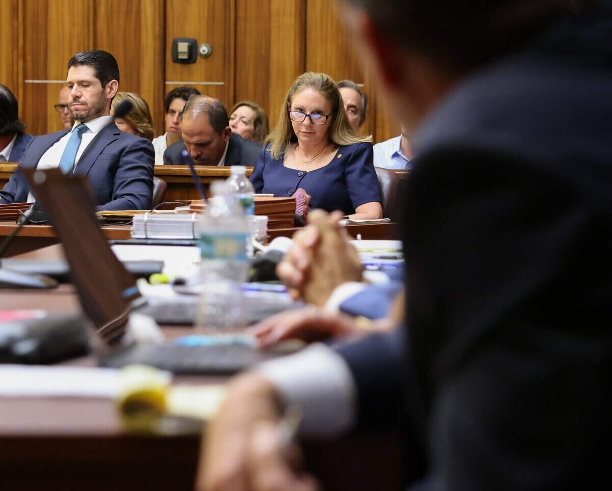 Prosecutor Laura Adams stares at George Pino, who was staring down at her moments before, during his trial on Wednesday, June 17, 2026, in Miami, Florida. Pino is charged in connection to the crash that killed 17-year-old Lucy Fernandez.