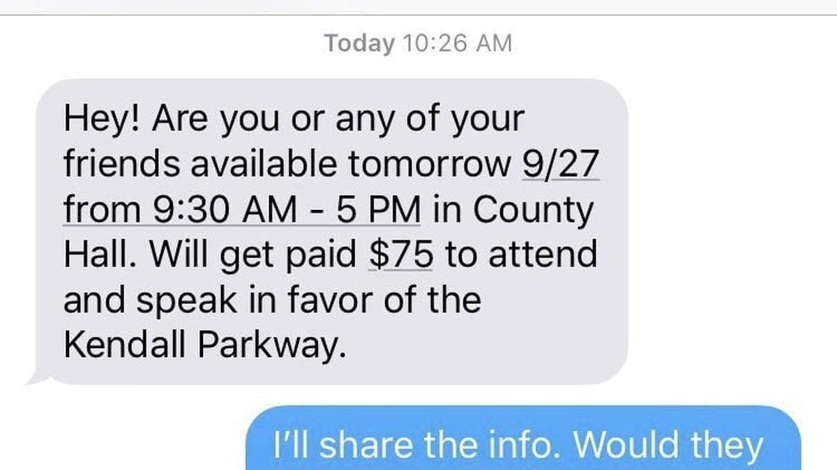 An Instagram post by FIU student leader Leo Cosio with an offer of $75 for people to speak in favor of the proposed 836 extension before the Miami-Dade County Commission on Thursday. He said he took down the post after 30 minutes and received no takers.