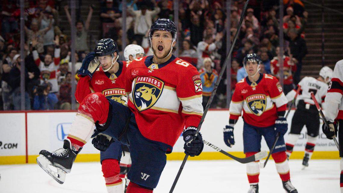 Florida Panthers defenseman Brandon Montour (62) celebrates his goal during the second period of a game on Tuesday, Feb. 20, 2024, at Amerant Bank Arena in Sunrise, Fla.