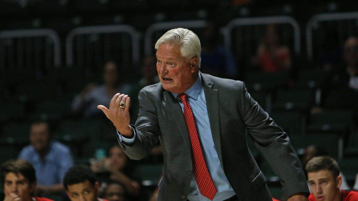 Barry University Buccaneers head coach Butch Estes gives instructions to his team during the first half of an NCAA college basketball exhibition game against the Miami Hurricanes at the Watsco Center in Coral Gables on on Tuesday, October 30, 2018.