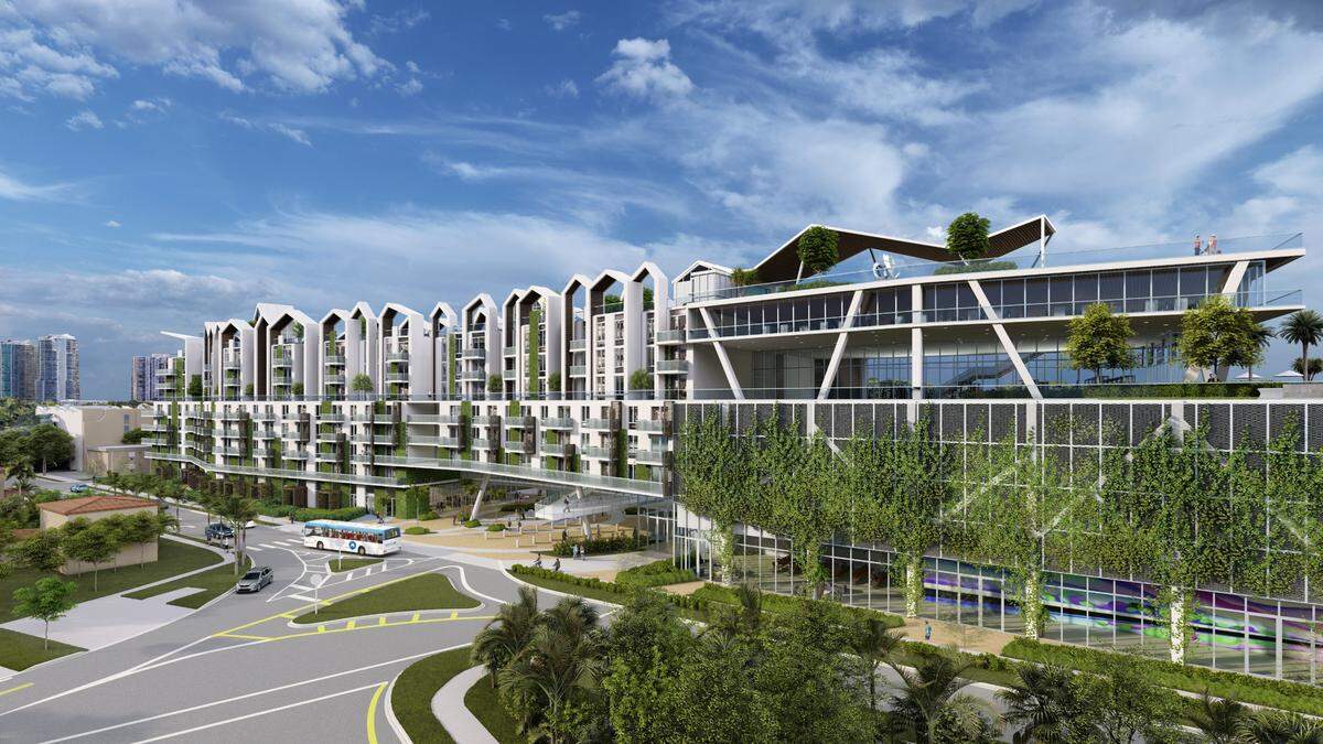A rendering depicts Housing Trust Group’s redevelopment proposal for the Vizcaya Metrorail Station as seen from The Roads neighborhood.