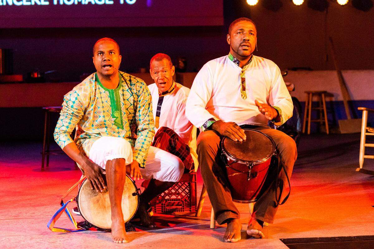 From left, Jose Gregorio Gomez, Asterio Betancourt, one of the founders of La Parranda El Clavo, and Youse Cardozo. Barlovento, Venezuela, has deep African roots and the ensemble’s music is a showcase of Afro-Venezuelan rhythms on ancestral drums.