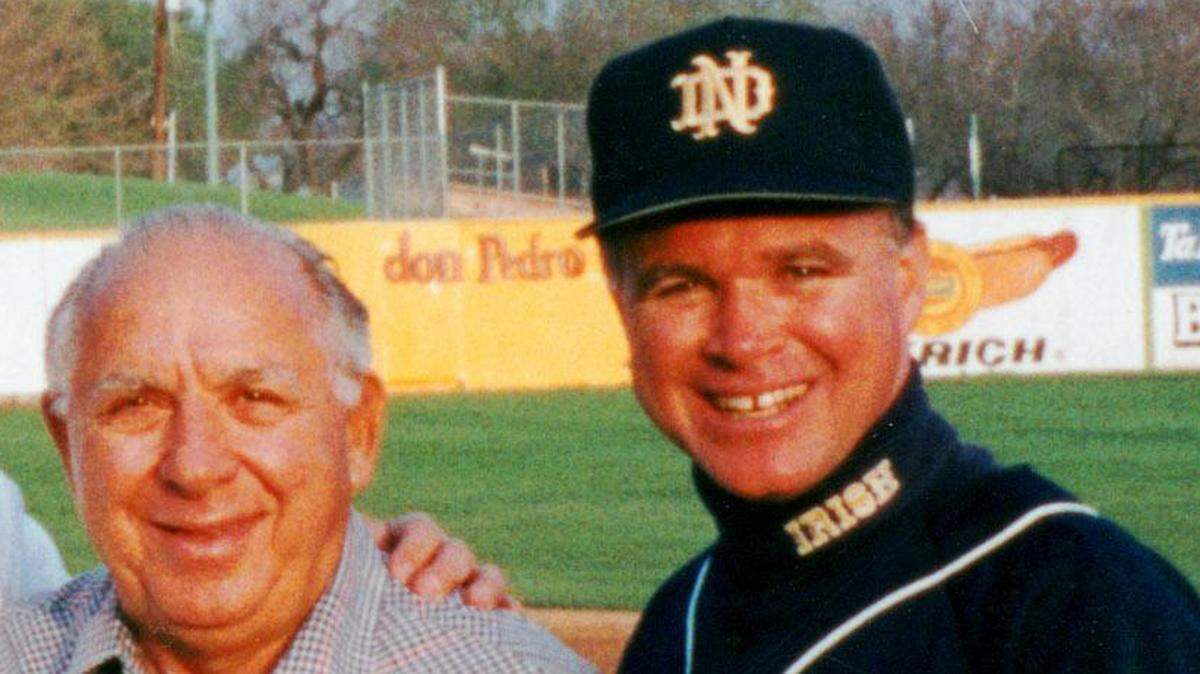 Demie Mainieri, left, former Dade North Falcons baseball coach, and his son Paul Mainieri, LSU’s baseball coach and former Notre Dame coach, in an undated photo.
