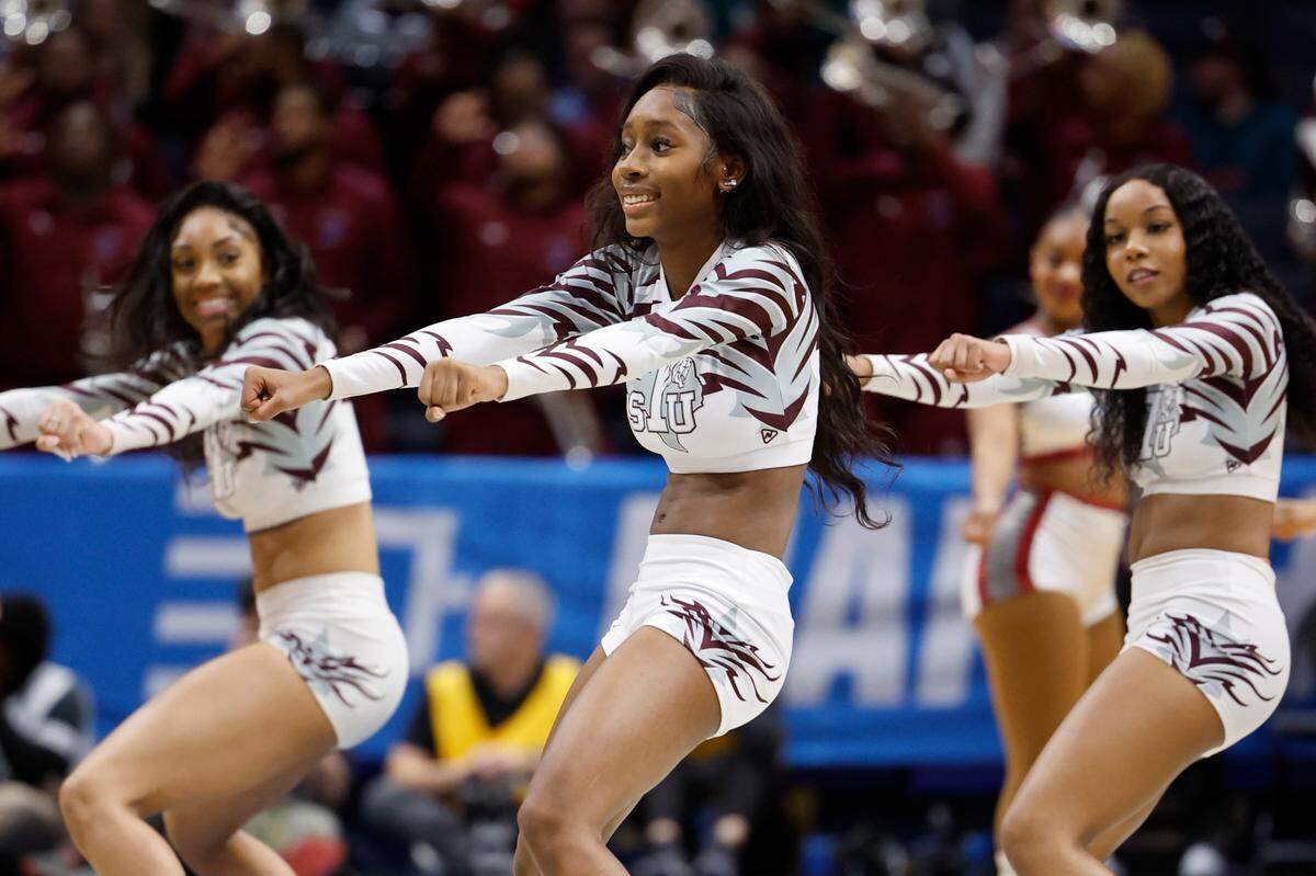 Texas Southern Tigers cheerleaders in the second half against the Fairleigh Dickinson Knights at UD Arena in Dayton, Ohio on March 15, 2023. The Tigers became the first Historically Black College or University to win the National Cheerleaders Association Collegiate Championship.