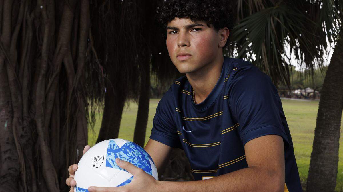 Eduardo Jerez, soccer player from Downtown Doral Charter Upper School, poses during the Miami-Dade Players of the Year photoshoot with the Miami Herald on Wednesday, March 11, 2026, at A.D. Barnes PArk in Miami, Fla.