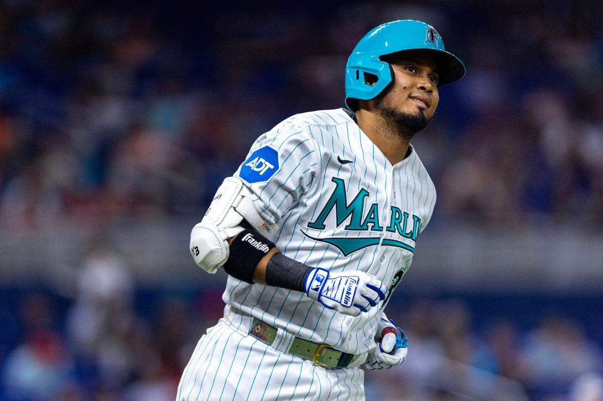 Miami Marlins base runner Luis Arraez (3) reacts as he runs the bases during the fourth inning of a MLB game against the Chicago Cubs at loanDepot Park, in Miami, Florida, on Friday, April 28, 2023.