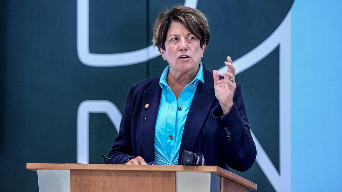 Stephanie “Penny” Townsend, Head of School, speaks during the flip-the-switch ceremony on on May 17, 2022. The school announced May 25, 2022, that she was stepping down, effective immediately.