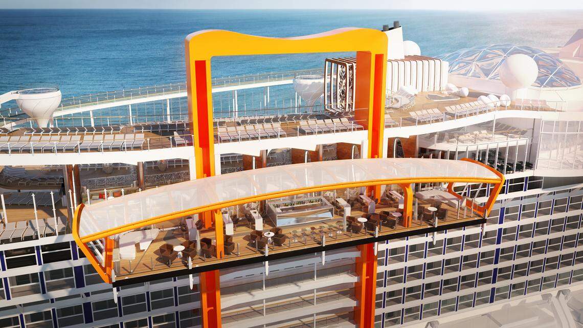 Celebrity Edge's Magic Carpet is a movable platform used for access at sea level, sipping cocktails higher up, and dining al fresco on the top deck.