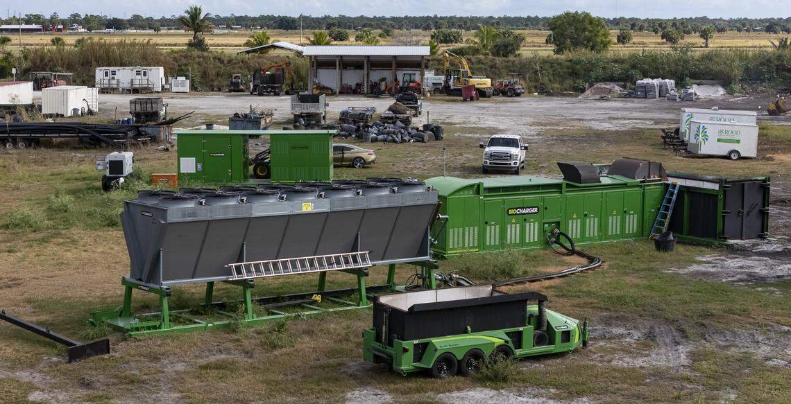 Aerial view of an Air Burners BioCharger unit on Thursday, Jan. 8, 2026, in Palm City, Fla. Air Burners is a manufacturer of air curtain burner systems, which provide a controlled way to dispose of wood and other vegetative waste.