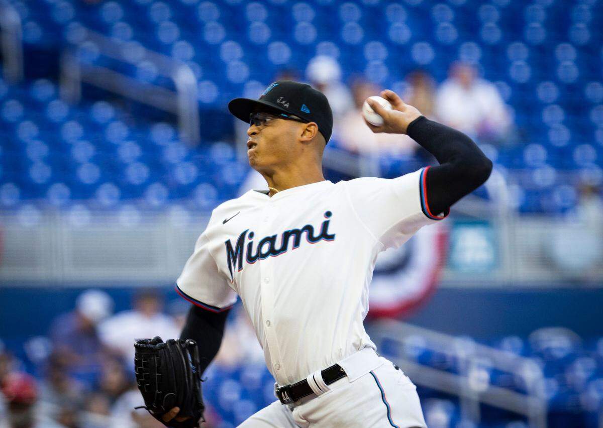 Miami Marlins starting pitcher Jesus Luzardo (44) pitches during the first inning of a baseball game on Tuesday, April 2, 2024, at loanDepot Park in Miami.