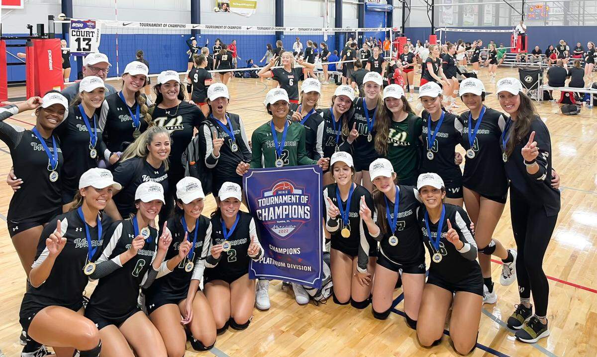 Westminster Christian’s girls’ volleyball team celebrates after winning the Nike Southeast Tournament of Champions last month in Tampa. The Warriors are ranked No. 11 nationally by USA Today and seeking their first state title since 2016.