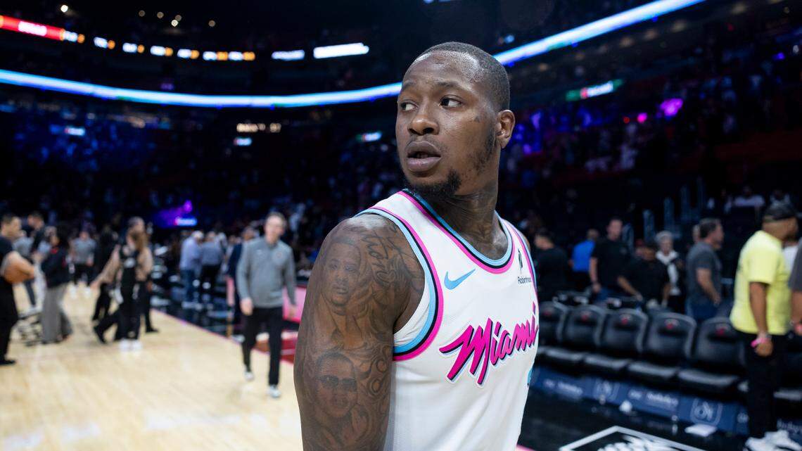 Miami Heat guard Terry Rozier (2) walks back to the locker room after losing to the Chicago Bulls in the second half of their NBA game at Kaseya Center on March 8, 2025, in Miami.