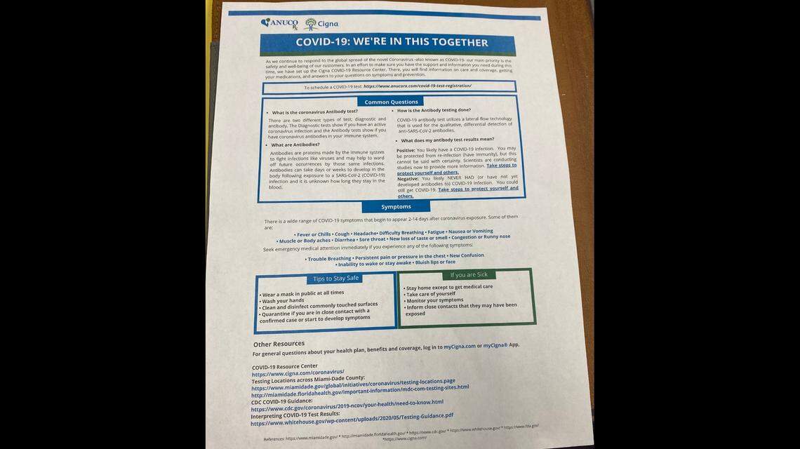The Miami-Dade County school district gave out this flier and verbally told employees and their dependents at their COVID-19 antibody test sites to get a PCR test if they tested negative but have symptoms.
