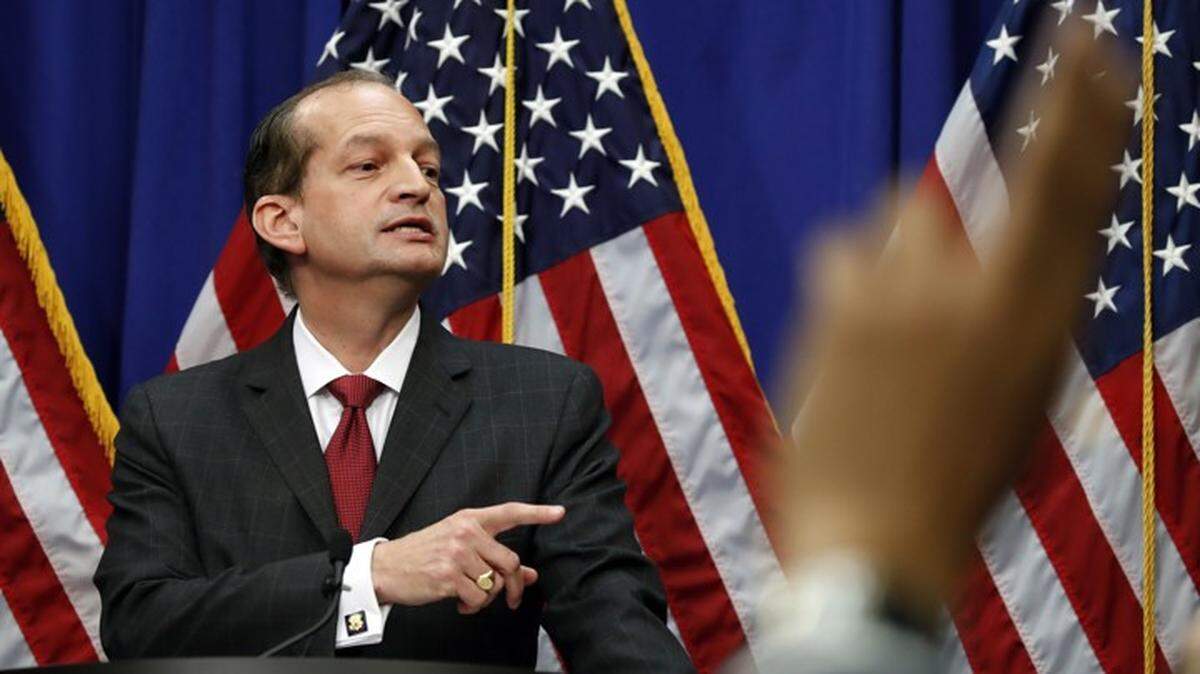 Labor Secretary Alex Acosta calls on a reporter during a news conference at the Department of Labor on July 10 in Washington D.C..