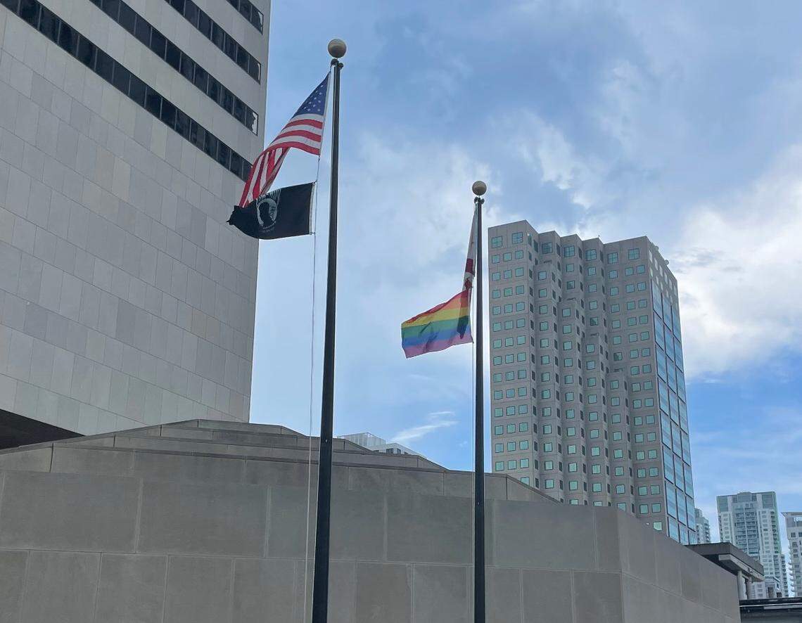The LGBTQ Pride flag flies outside Miami-Dade County’s Stephen P. Clark Center on Wednesday, June 7, 2023.