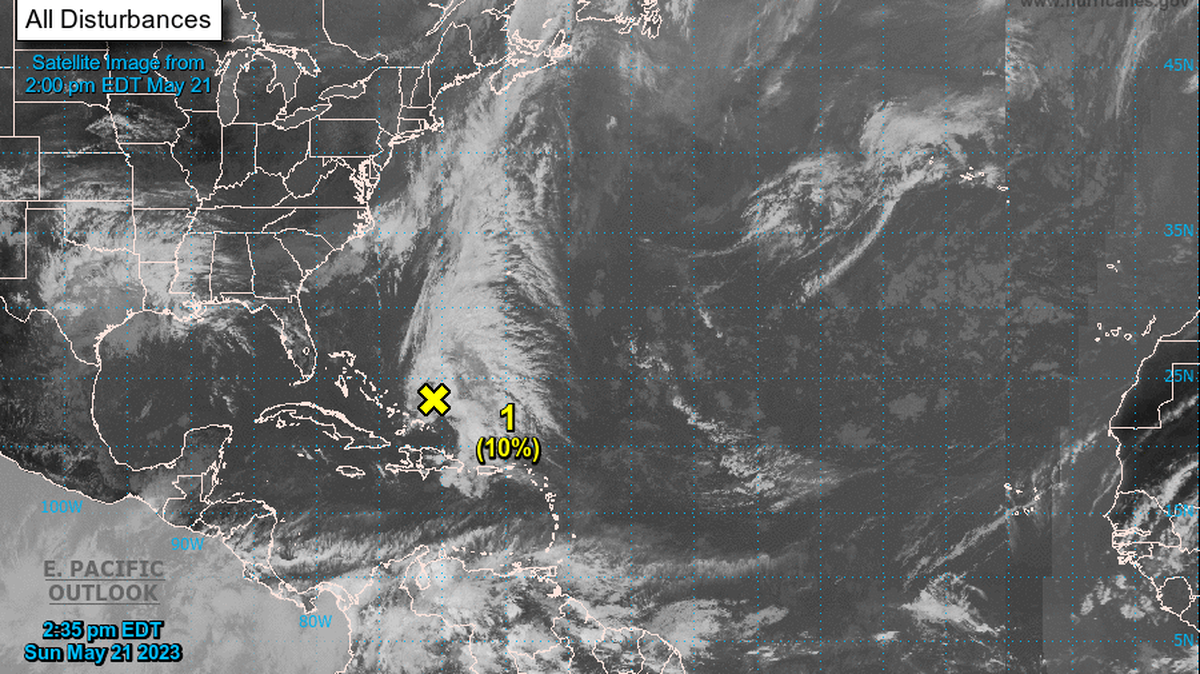 A disturbance northeast of the Bahamas has a 10% chance of formation in the next seven days, the National Hurricane Center said May 21, 2023.