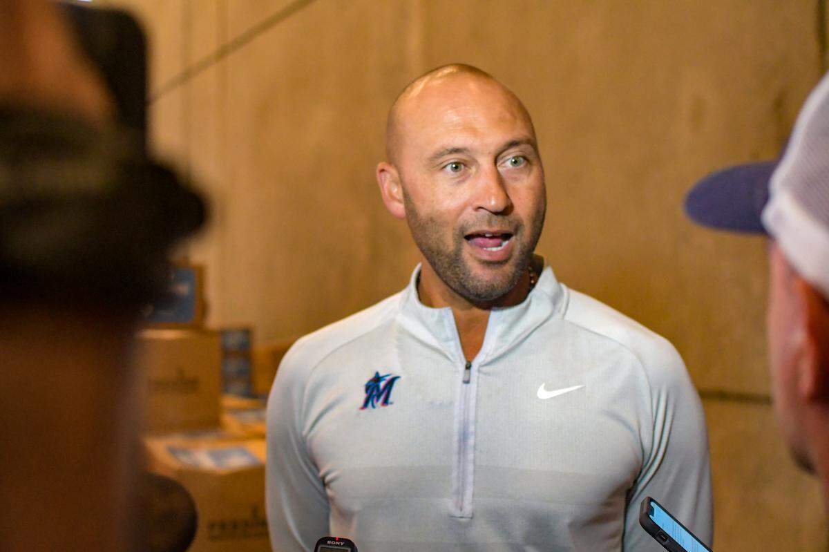 Miami Marlins CEO Derek Jeter speaks to media at the Marlins’ 13th annual Thanksgiving meal distribution on Friday, Nov. 19, 2021.