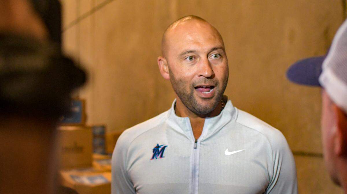 Miami Marlins CEO Derek Jeter speaks to media at the Marlins’ 13th annual Thanksgiving meal distribution on Friday, Nov. 19, 2021.