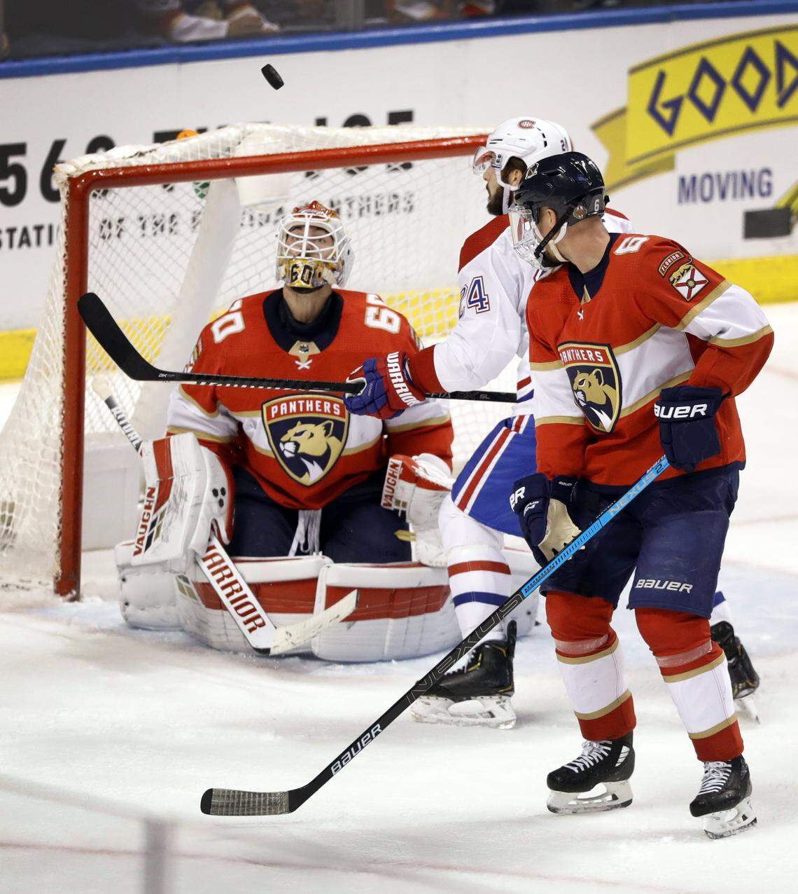 Florida Panthers goaltender Chris Driedger (60) keeps an eye on the puck as he defends the net in the second period as the Florida Panthers host the Montreal Canadiens at the BB&T Center in Sunrise on Saturday, March 7, 2020.