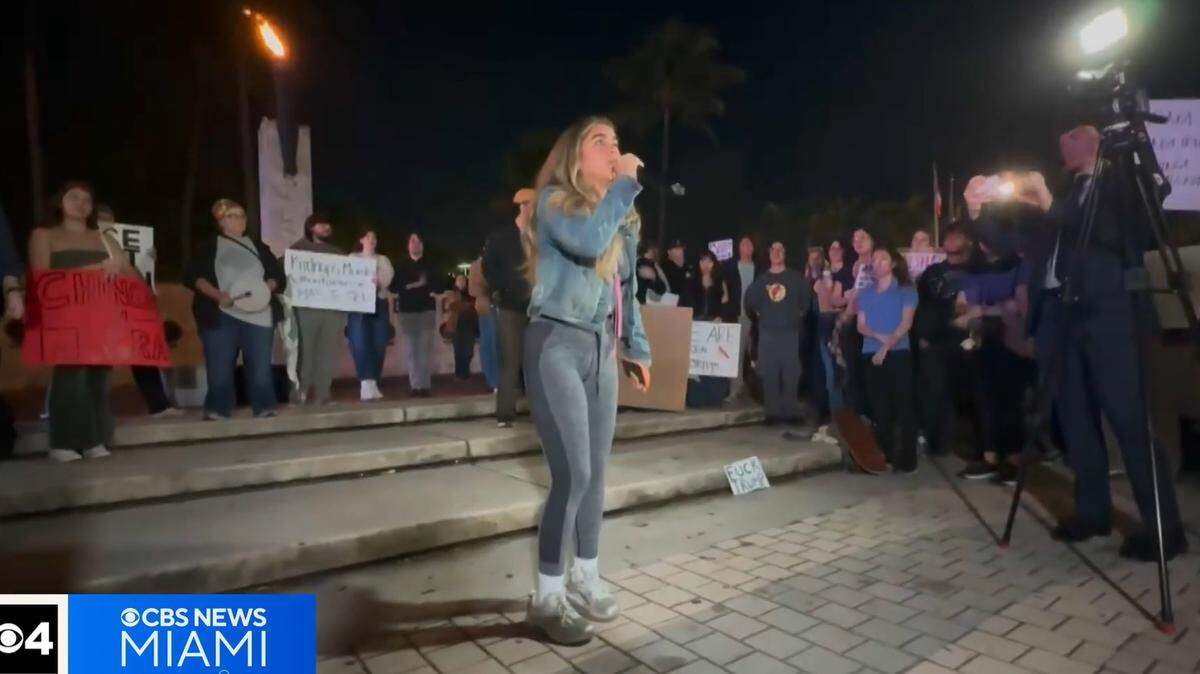Arianna Betancourt speaks at a protest against ICE on Jan. 30, 2026, at the Torch of Friendship in downtown Miami. She says her father was detained at Alligator Alcatraz.