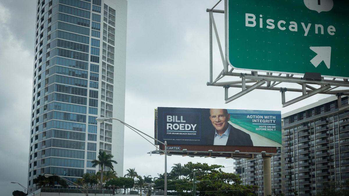 A billboard for Miami Beach mayoral candidate Bill Roedy near the eastbound entrance to the Julia Tuttle Causeway (I-195) is pictured Monday, Oct. 2, 2023, in Miami.