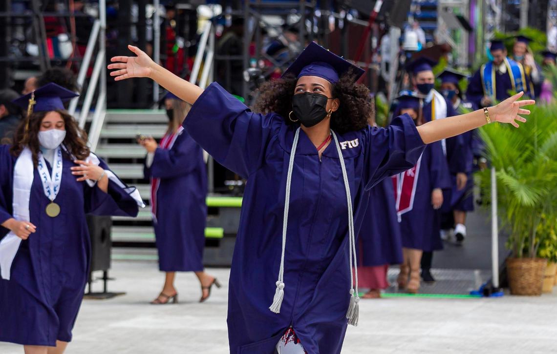 Florida International University students participate in their graduation ceremony inside the Riccardo Silva Stadium in Miami, Florida on Saturday, April 24, 2021.