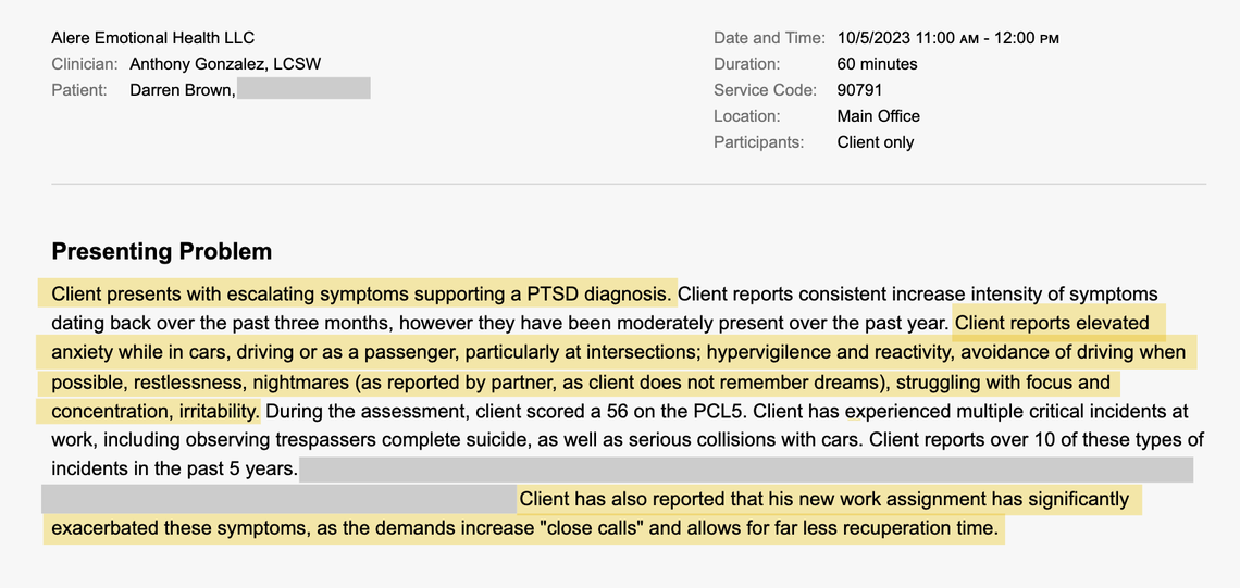 Brightline’s therapist diagnosed Darren Brown with chronic PTSD in 2023.