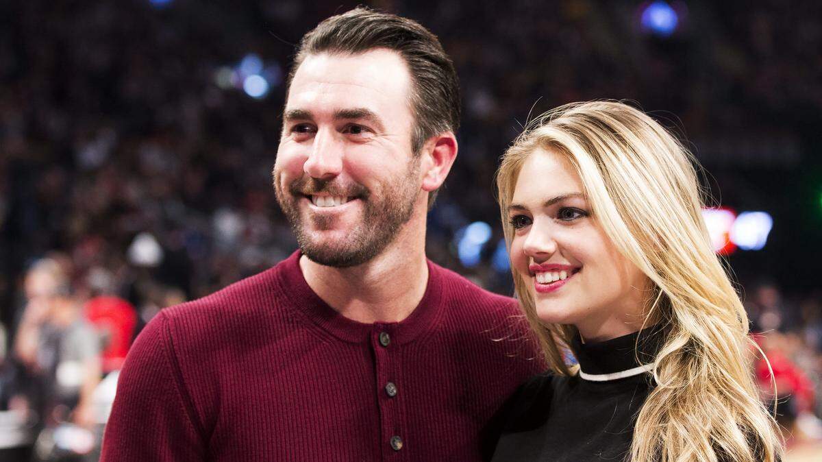 FILE - This is a Feb. 14, 2016 file photo showing Detroit Tigers pitcher Justin Verlander and model Kate Upton posed during halftime at the NBA All-Star basketball game  in Toronto. Upton has announced her engagement to baseball star Justin Verlander.
The 23-year-old supermodel and actress took to the red carpet at Monday night’s, May 2, 2016 Met Gala in New York City to show off her ring.
(Mark Blinch/The Canadian Press via AP, File) MANDATORY CREDIT