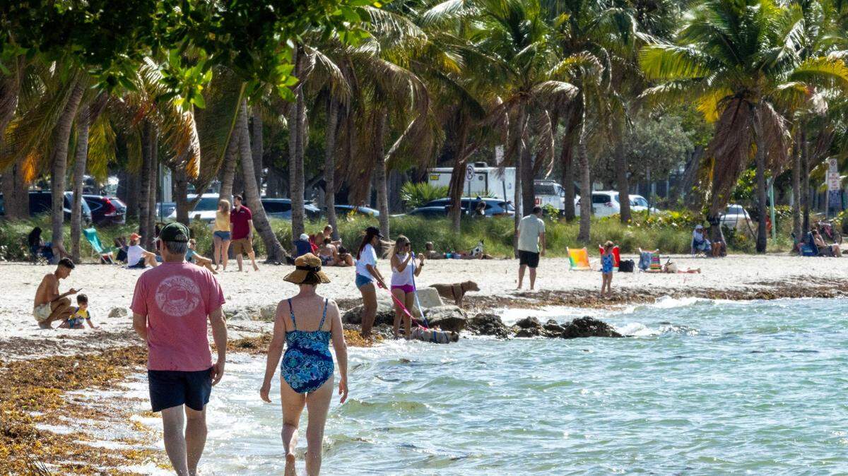 People walk and socialize along the beach at Key Biscayne Dog Beach in Miami, Florida, on Wednesday, February 22, 2023.