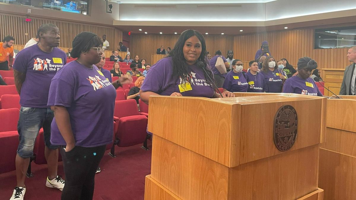 During the first of two hearings on Miami-Dade County’s 2024 budget, Katherine Passley, co-executive director of the Beyond the Bars advocacy group, urges commissioners to increase funding for the Corrections Department to allow in-person visitation with inmates and reduce fees for incarcerated people. The hearing took place on Thursday, Sept. 7, 2023.