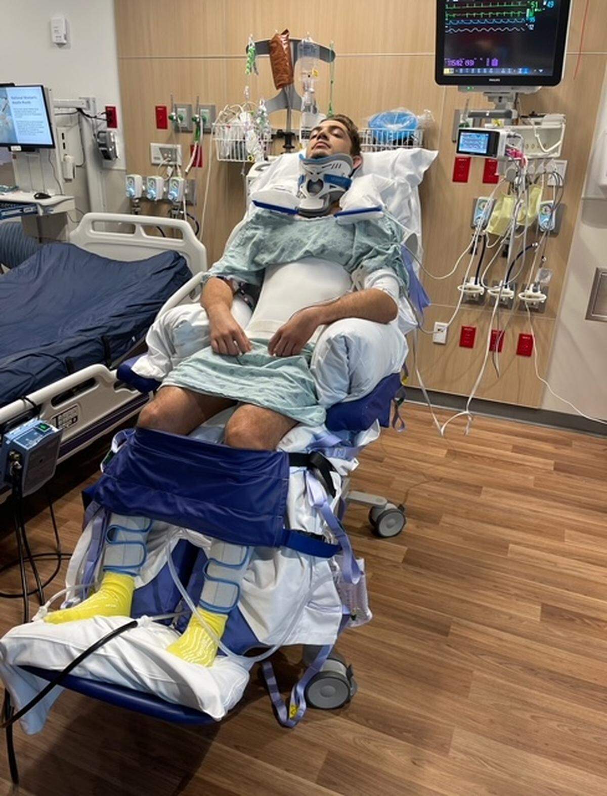 Ben Kunzle, a jiu-jitsu champion who was paralyzed in a sparring accident in May, in the early stages of recovery at Jackson Memorial Hospital.