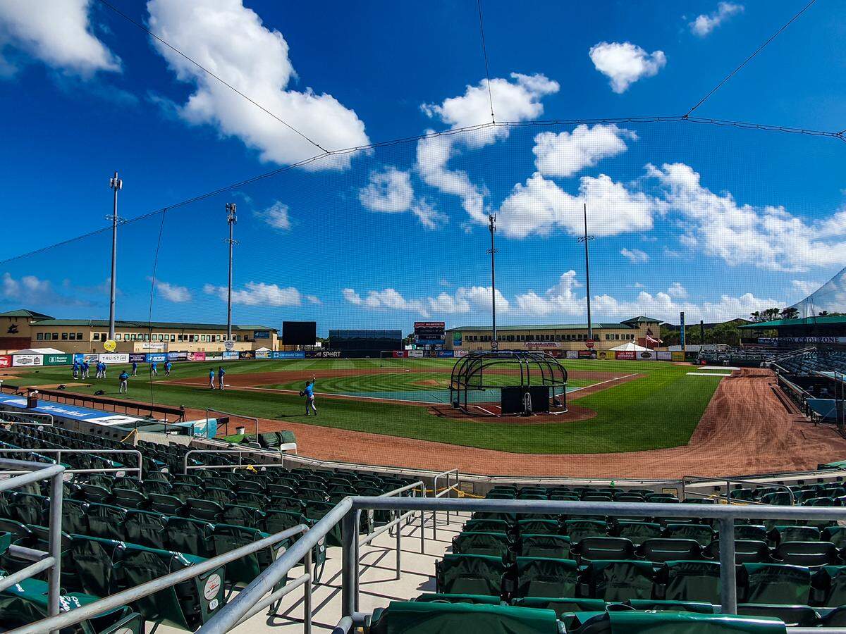 A view of the main field at Roger Dean Chevrolet Stadium in Jupiter, Florida, on Saturday, Feb. 27, 2021.