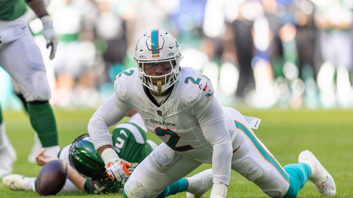 Miami Dolphins linebacker Bradley Chubb (2) celebrates after sacking New York Jets quarterback Zach Wilson (2) in the second quarter of an NFL game at Hard Rock Stadium on Sunday, Dec. 17, 2023, in Miami Gardens, Fla.