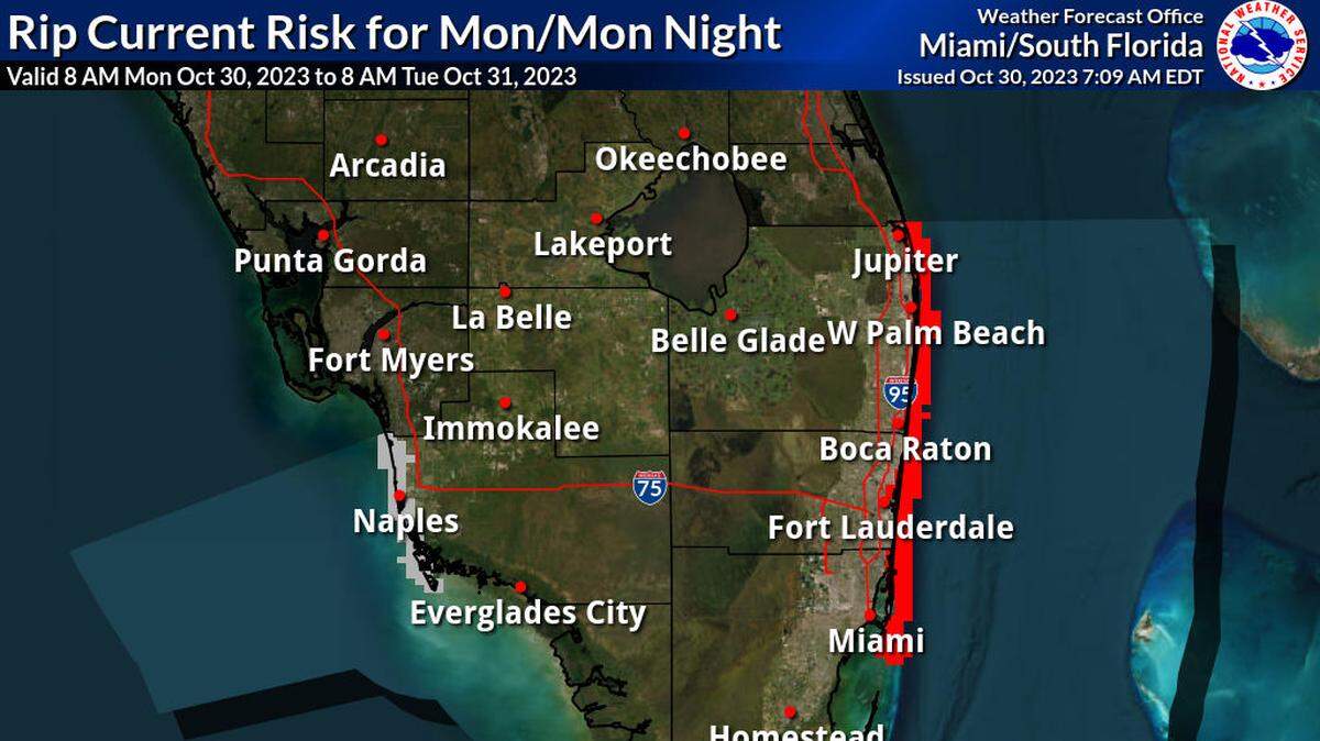 There is a high risk of life threatening rip currents through Friday from Miami to Jupiter, according to the National Weather Service in Miami. Swimming is not recommended. Heed the advice of the local beach patrol and flag warning systems.