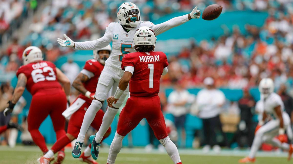 Miami Dolphins cornerback Jalen Ramsey (5) blocks the ball for an incomplete pass by Arizona Cardinals quarterback Kyler Murray (1) in the first half during an NFL football game at Hard Rock Stadium in Miami Gardens, Florida on Sunday, October 27, 2024.