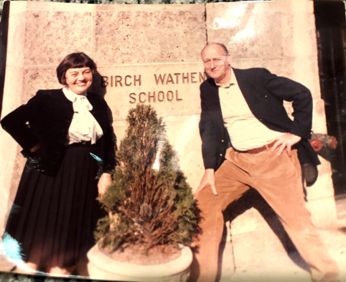 The author’s parents, Bonnie and Jim Marr, pose in front of the Birch Wathen school, circa 1984.
