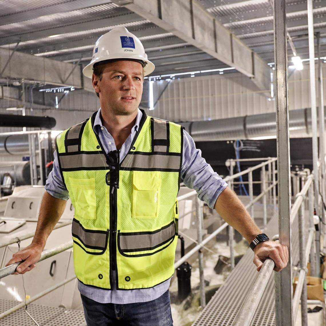 Johan Andreassen, CEO of Atlantic Sapphire, stands in the hydro processing section of Atlantic Sapphire, one of the world’s largest land-based salmon farms, that is under development in the Homestead area where 2.5 million salmon have been spawned and harvested at the facility and due to be complete Phrase 1 in July, 2020.