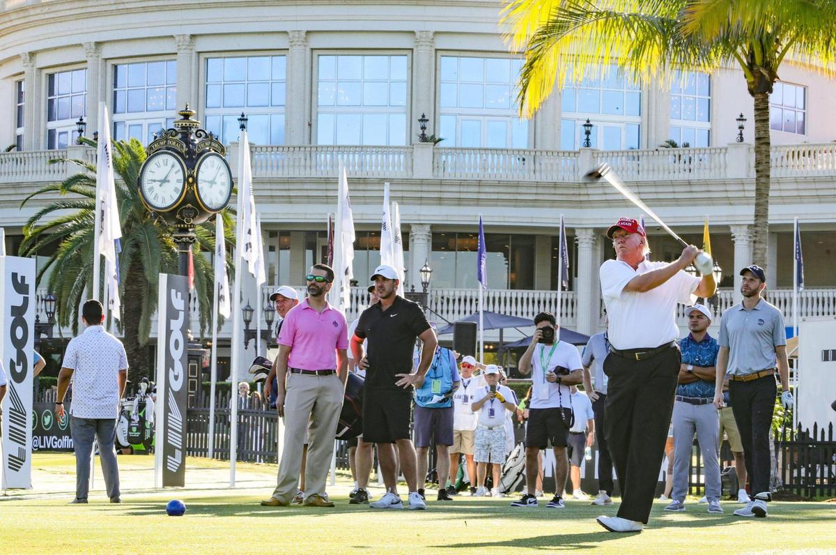 Former President Donald Trump tees off during the LIV Golf Miami Team Championship Pro-Am Tournament at Trump National Doral Golf Club in Doral on Thursday, Oct. 27, 2022.