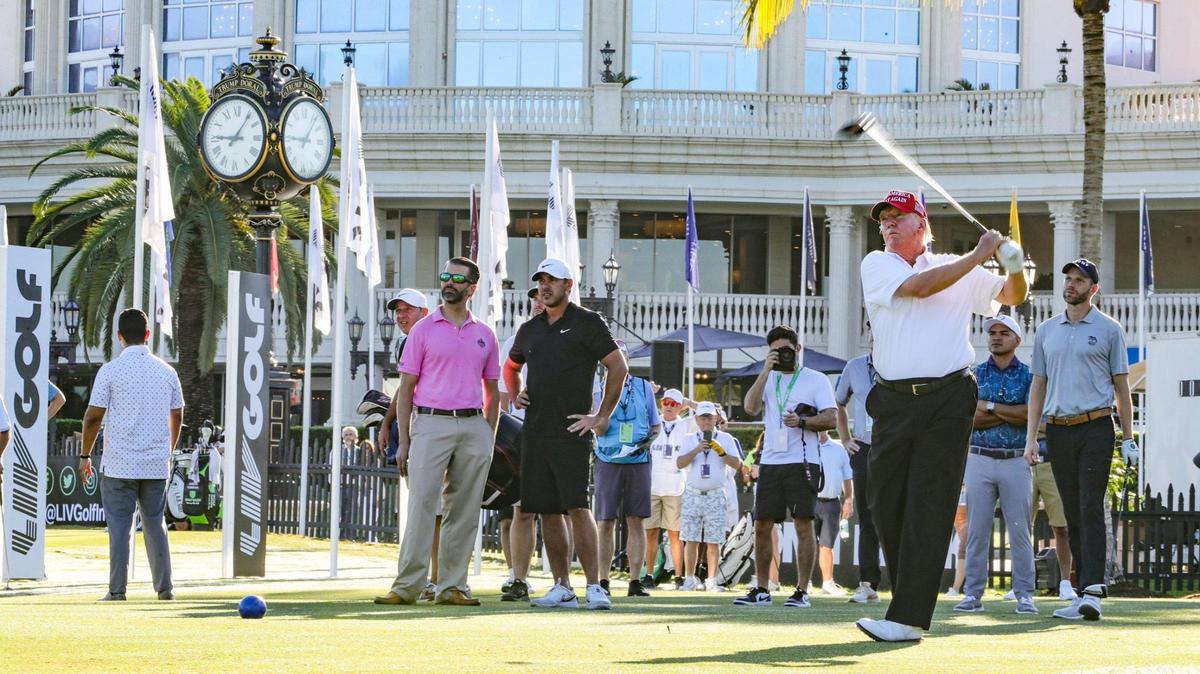 Former President Donald Trump tees off during the LIV Golf Miami Team Championship Pro-Am Tournament at Trump National Doral Golf Club in Doral on Thursday, October 27, 2022.